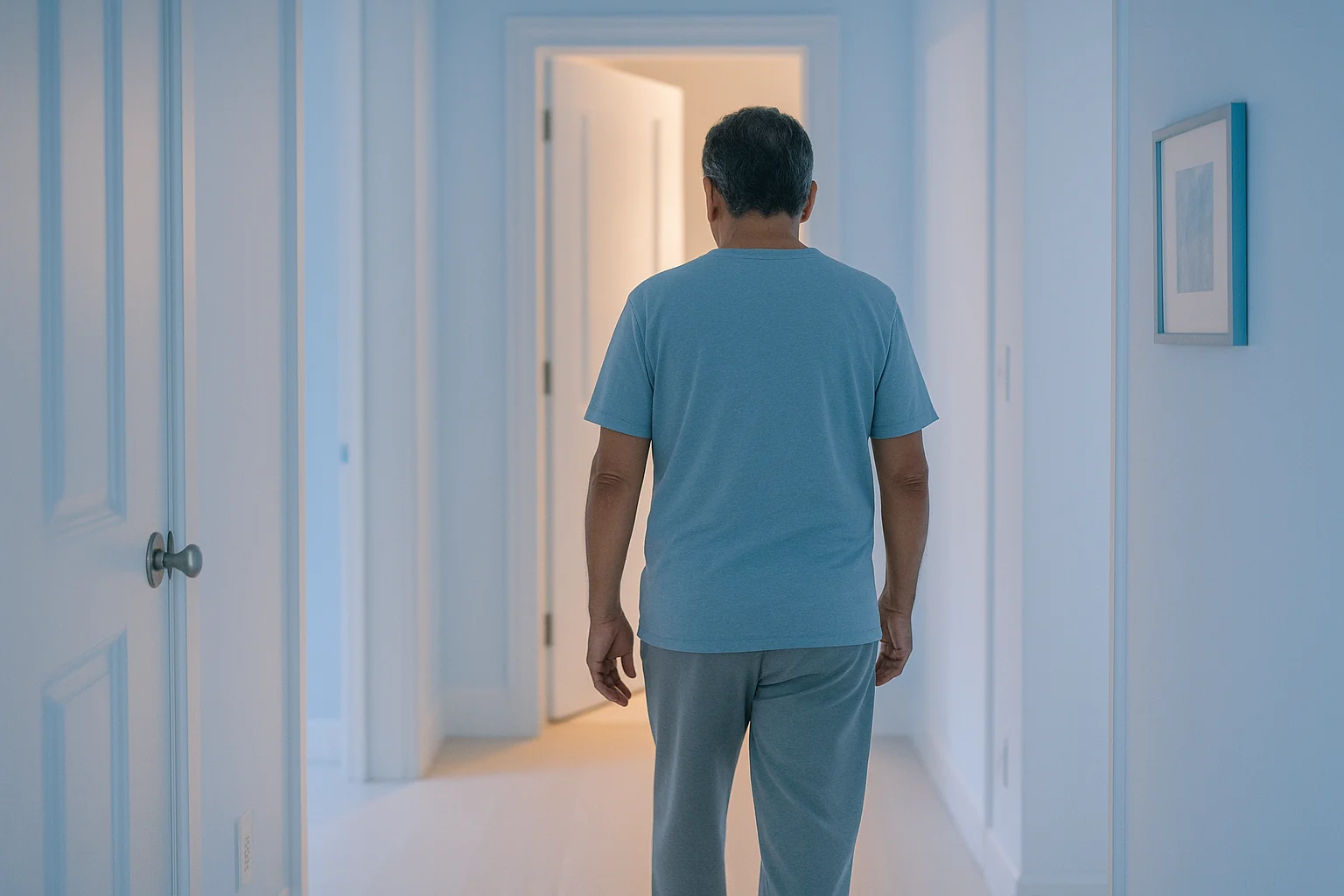 Hombre que se levanta de noche al baño por las micciones frecuentes de una próstata inflamada